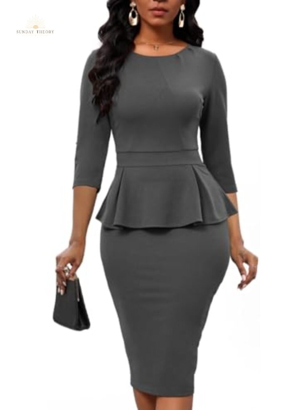 Peplum Bodycon Midi Dress 3/4 Sleeve Workwear Office